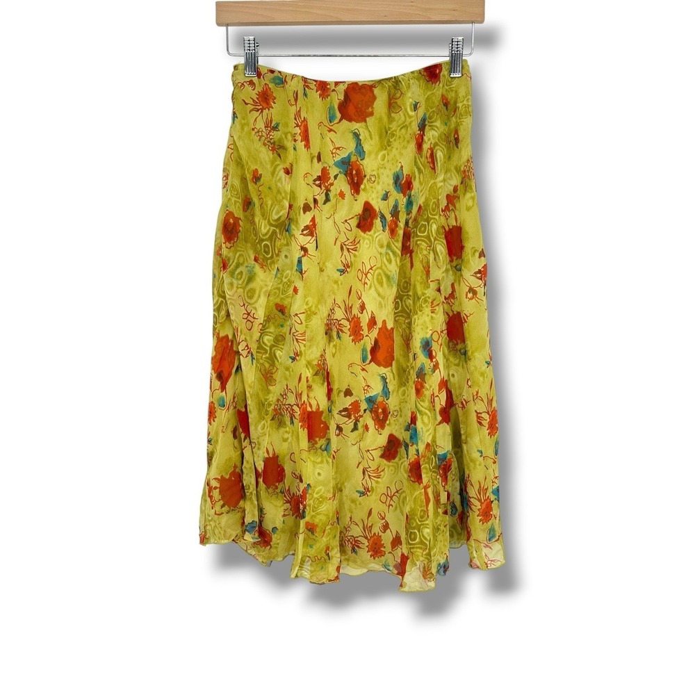 Fashion Instinct 100% Silk Skirt S Lime Green Floral Fairycore Boho Y2K Whimsy